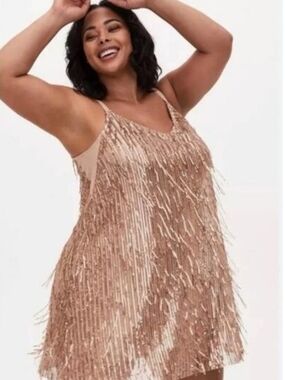 Torrid Fringe Sequin Slip Dress in Gold With Adjustable Straps 2XL (18-20)
